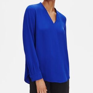 Eileen Fisher Silk Georgette Crepe V-Neck Long Sleeve Blouse Blue Size Small